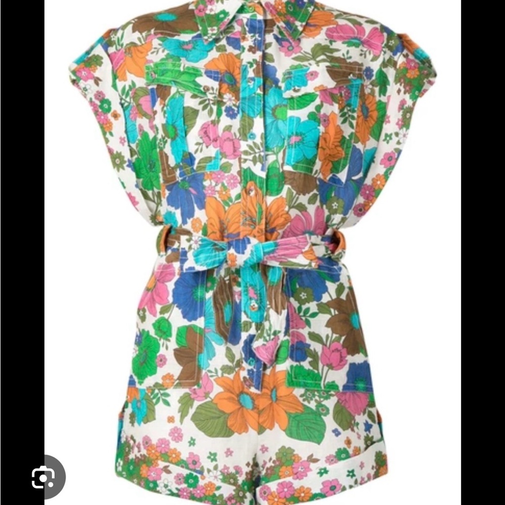 Zimmermann Floral Multicolor Linen Button-Up play suit romper with sash - Picture 3 of 7